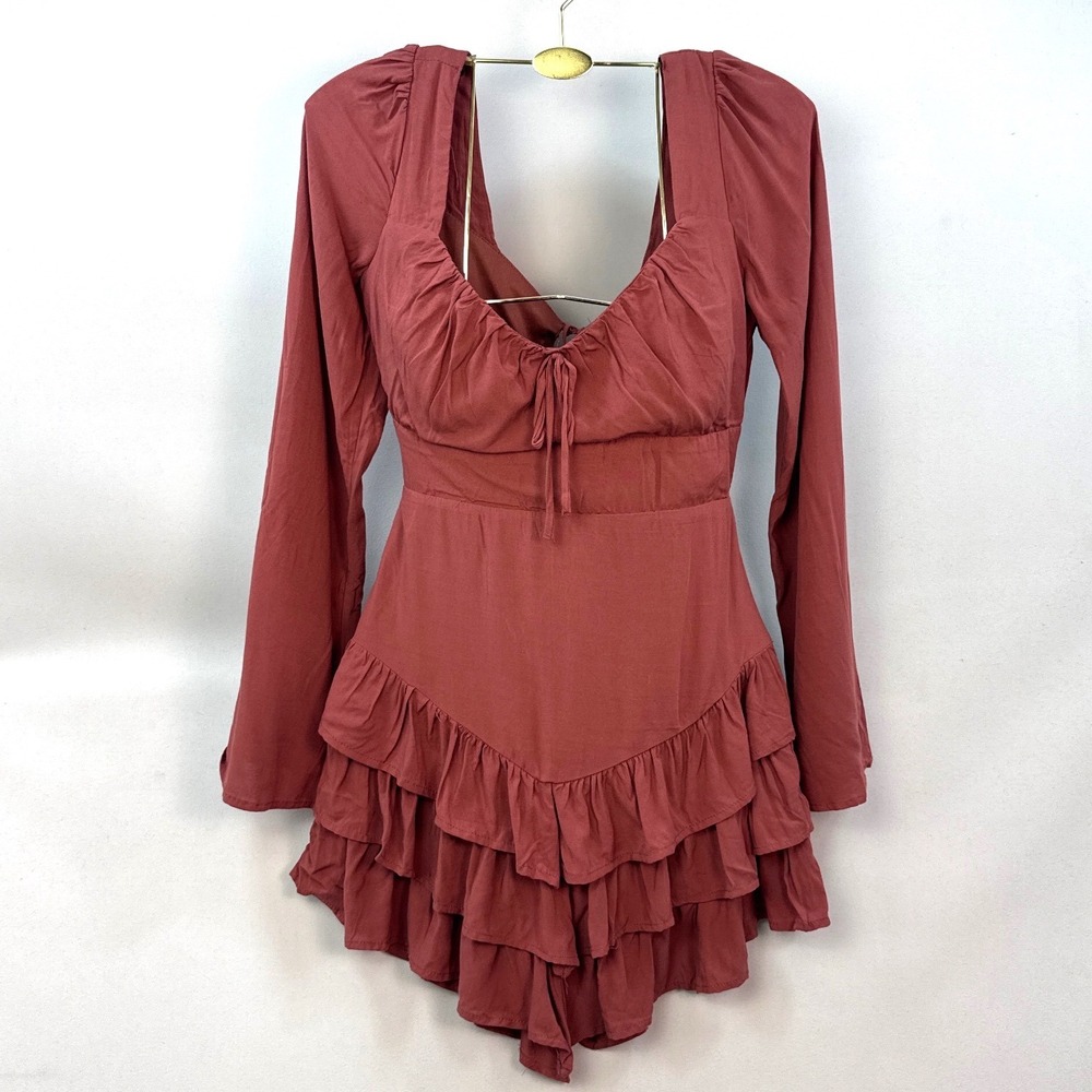 Forever 21 Terracotta Ruffle Tiered Cutout Back Long Sleeve Mini Dress Medium